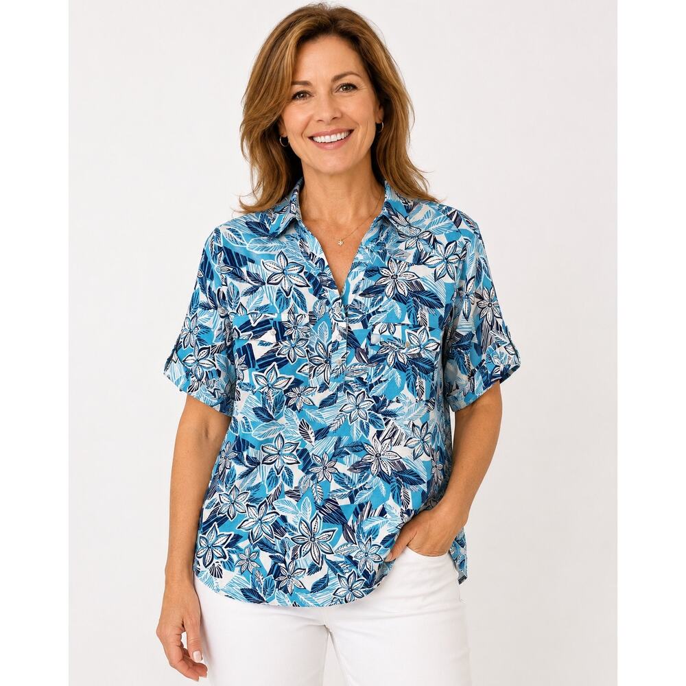 Coral Bay Tropical Floral Button Front Shirt Large Blue Resort Coastal Casual